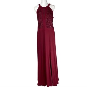 NIGHTWAY Burgundy Lace Halter Top Full Length Long Formal Prom Dress Gown 13